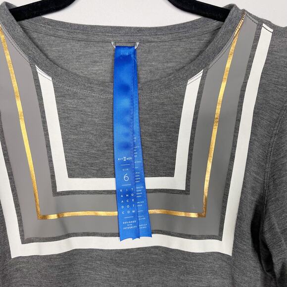 Kit and Ace Womens 6 Gray Square Striped Long Sleeve Tshirt Gold White Cashmere - Picture 9 of 11